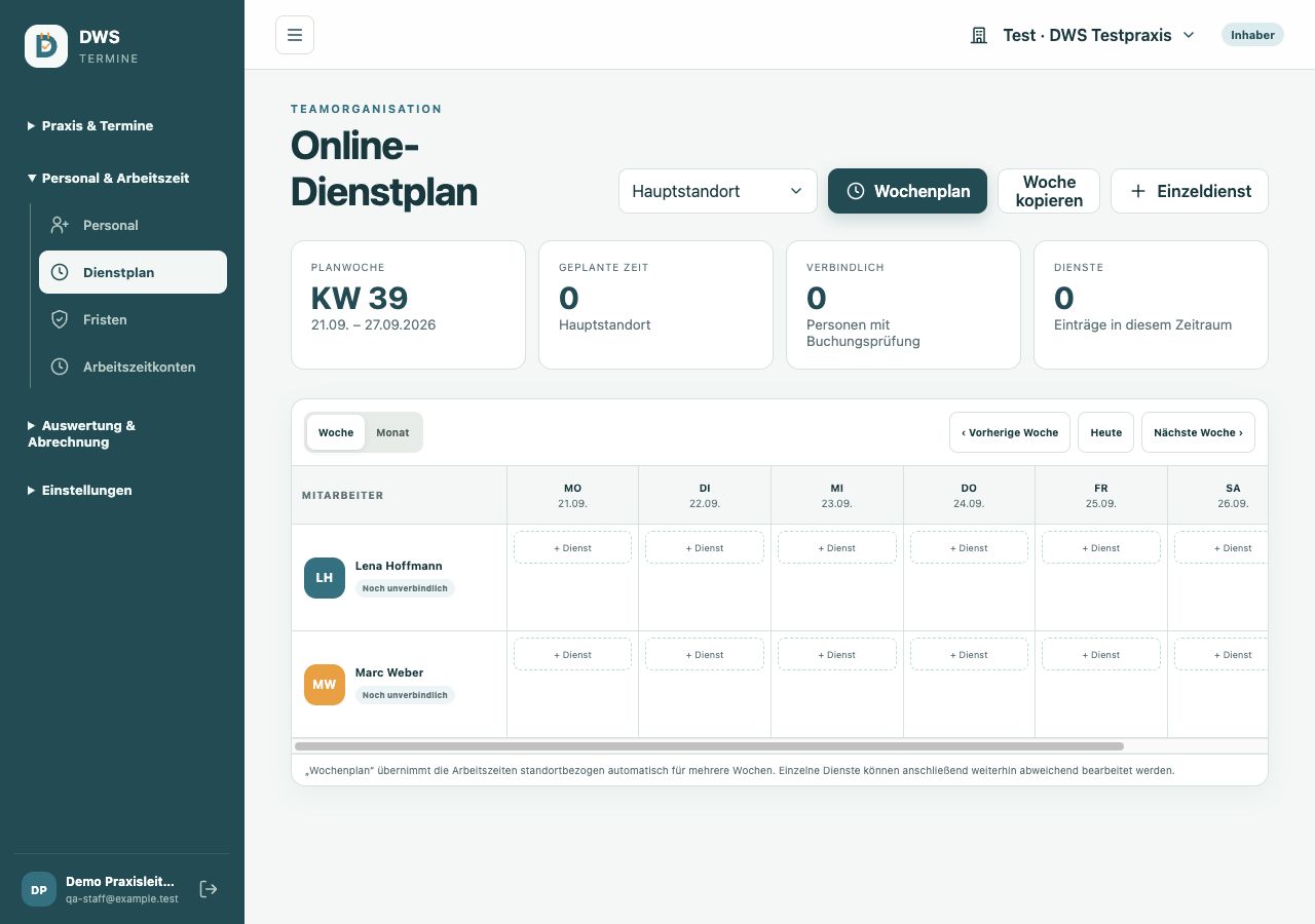 Online-Dienstplan mit zwei Testmitarbeitern und noch unbelegter Planwoche